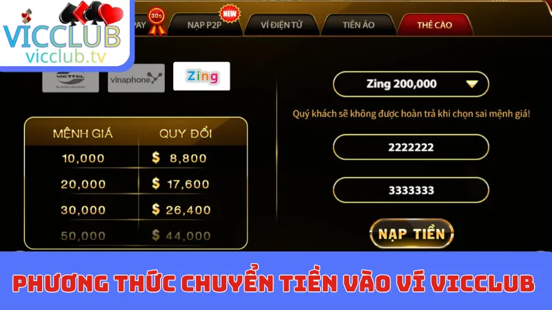 Phương thức chuyển tiền vào ví Vicclub tiện lợi